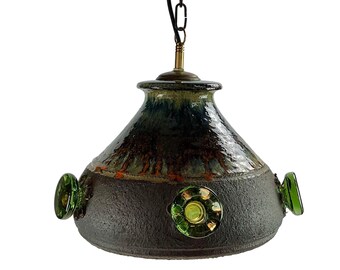 Vintage 1970s Danish Stoneware,  a unique pendant with 5 green glass inserts.