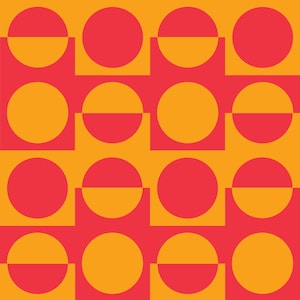 May include: A repeating pattern of red and orange geometric shapes. The design features alternating squares and half-circles. The squares are orange, and the half-circles are red. The other half of the circles are orange, and the squares are red.