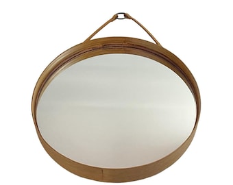 Round wood mirror with leather strap by Glasmäster Markaryd, Sweden 1950's