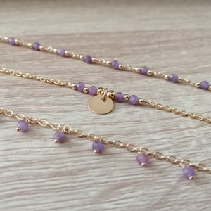 Pulseira de ouro e lepidolita - Pulseira de lepidolita - Pulseira de pedras preciosas - Pulseira de pedras preciosas roxas naturais - Chakra coronário do terceiro olho