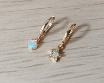 Square or star opal hoop earring - Choose you favorite charm - ONE gold hoop - Single gold hoop - Small hoop - Minimalist jewelry