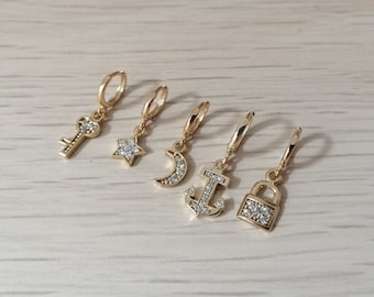 Gold and CZ hoop earring II - Choose you favorite charm - ONE gold hoop - Single gold hoop - Small hoop - Minimalist jewelry