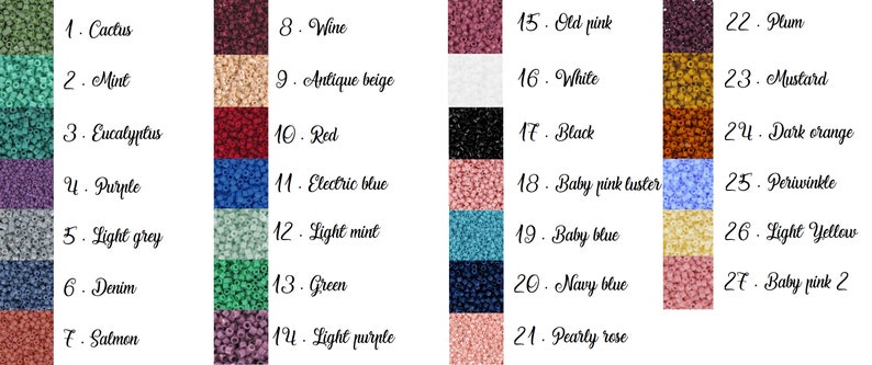 Puede incluir: Una carta de colores con 27 colores de cuentas, cada uno etiquetado. Los colores van desde verde Cactus hasta Rosa beb&eacute; 2, incluyendo tonos de azul, morado y tonos neutros. Las cuentas son peque&ntilde;as y est&aacute;n agrupadas.