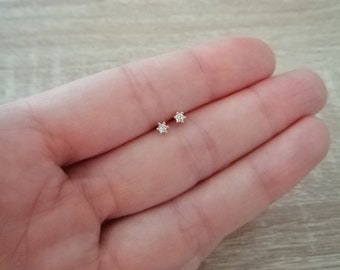 14k gold plated stud earrings - Gold plated and 2mm cubic zirconia studs - 2mm cz studs - One pair - Minimalist jewelry