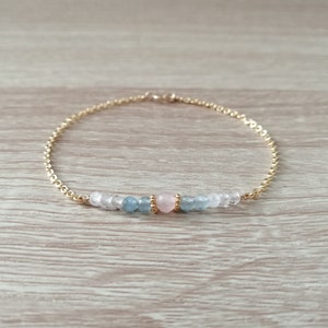 Pulsera de fertilidad - Pulsera de cuarzo rosa piedra lunar y aguamarina - Pulsera rellena de oro de 14k y piedras preciosas - Pulsera en capas Personalizada