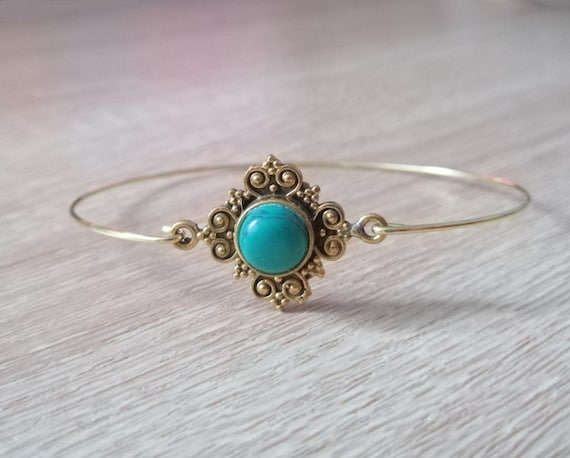 Turquoise bangle 3 - Solid brass bracelet - Gemstone bracelet - Ethnic bracelet - Stacking bracelets - Minimalist jewelry - Custom jewelry