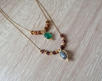Gemstone necklace - Stainless steel and gemstones necklace - Boho gypsy hippie jewelry - Layering necklace - Layering jewelry