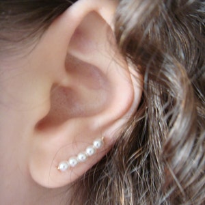 Pearl ear cuff earrings - Ear climber - Bridal Wedding earrings - Bridesmaids earrings gift - Gold filled and Swarovski white pearl earrings