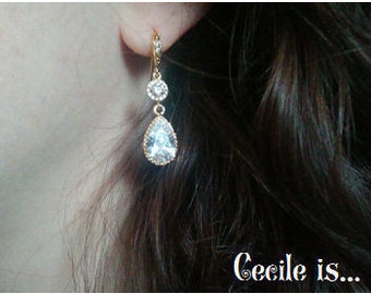 Crystal and gold bridal earrings - Wedding earrings - Bridesmaids earrings gift - Cubic crystal drop earrings