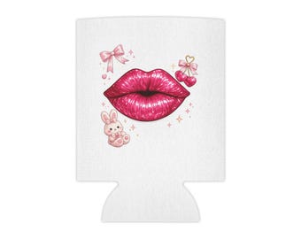 Kawaii Pink Lips and Bunny Can Cooler | Cute Heart Bows Sparkles