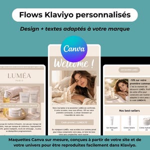May include: An advertisement for a brand, featuring three mockups of email designs. The designs include the brand's logo, product images, and text. The text includes "Welcome!" and "-10% on your first order". The ad also includes the text "Flows Klaviyo personnalisés".