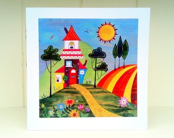 House warming card, Folk print greeting card, Birthday card, Blank greeting card, Sunshine Cottage design.