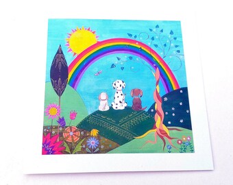 Dog greeting card, Birthday card with 'Dog Days' printed design, Folk greeting card with dogs and rainbow illustration