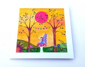 Fairy Sunset greeting card, Fairy birthday card, Blank greeting card, Child's Birthday card, Folk card with Fairy Sunset printed design.