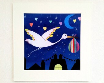 Stork print with mount, Stork folk art, New baby gift, Kid's room print, Starry sky art print