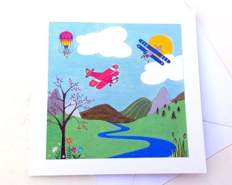 Flying Machines greeting card, Birthday card, Folk greeting card, Illustrated child's card with vintage bi-planes and hot air balloon design