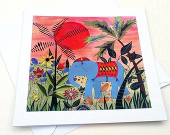 Elephant greeting card, 'Jungle elephant' birthday card, Folk print greeting card, Blank greeting card