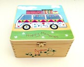 Camper van memory box, Large wooden keepsake box with funky camper van printed design, Wooden camper van trinket Box, Free personalisation.