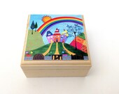 Wooden trinket box, Personalised trinket box, Small folk style jewellery box, Folk trinket box with 39 Rainbow Cottages 39 printed design.