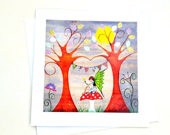 Greeting card with Fairy and Toadstool printed design, Girl's birthday card, Folk print greeting card with fairy illustration