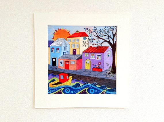 Fishing Village art print with mount, Fishing harbour folk art, Fishing boat folk print, Quirky art print