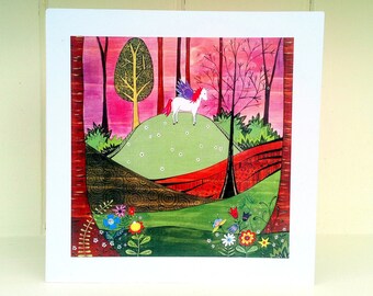 Unicorn greeting card, Girl's birthday card, Folk print greeting card, Birthday card with 'Unicorn Forest' illustration.