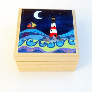 Lighthouse trinket box, Children's personalised trinket box, Small jewellery box with Lighthouse printed design. Gift for boy or girl.