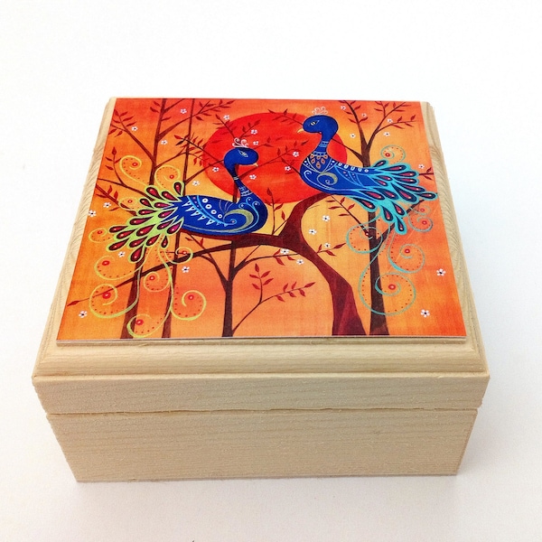 Peacock trinket box, Wooden folk style trinket box, Personalised trinket box, Small jewellery box with 'Peacock Sunset' printed design.