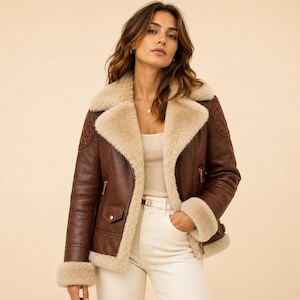 May include: A brown leather jacket featuring a thick beige faux fur lining, a wide collar, and quilted shoulder panels. The jacket includes gold-toned metal zips on the front and pockets, with matching gold snap buttons on the pocket flaps.
