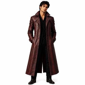Men's Full Length Genuine Leather Trench Coat – Handmade Burgundy Gothic Long Leather Jacket
