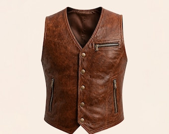 Chaleco de cuero marrón vintage para hombre estilo motero – Chaleco estilo café racer, cuero genuino envejecido
