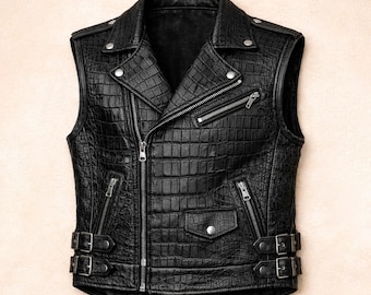 Chaleco de motociclista de piel de cocodrilo hecho a mano – Chaleco de motociclista vintage para hombre, atuendo estilo rock punk