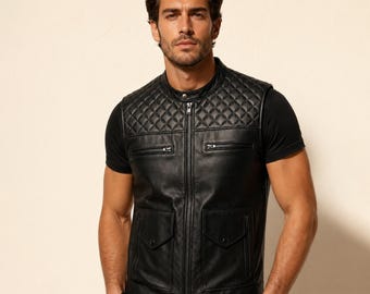 Gilet da uomo in pelle trapuntata – Gilet stile biker con cerniera e tasche multiuso
