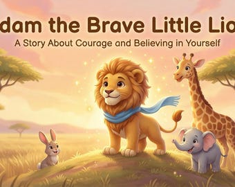 Personlig barnsaga i PDF-format med ljud, Adam det modiga lilla lejonet digital present till sänggåendet