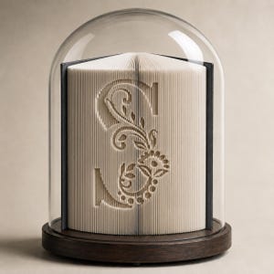 May include: A folded book art sculpture featuring the letter S with intricate floral patterns, displayed inside a clear glass dome cloche set upon a circular dark brown wooden base. The pages are white and precisely folded to create the design.