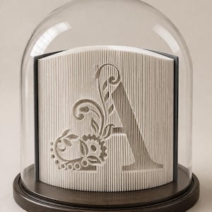May include: A decorative paper sculpture of the letter "A" with floral embellishments, displayed under a glass cloche. The sculpture is white, set on a dark brown wooden base, and encased in a clear glass dome.