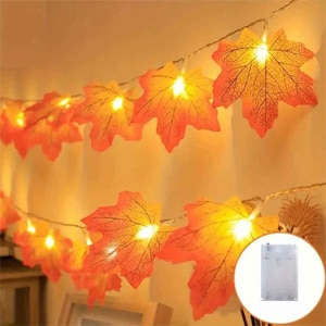 May include: A string of decorative LED lights featuring artificial maple leaves in shades of orange, yellow, and red. Each leaf is illuminated from within by a warm white light. A small, rectangular, clear plastic battery pack is included.