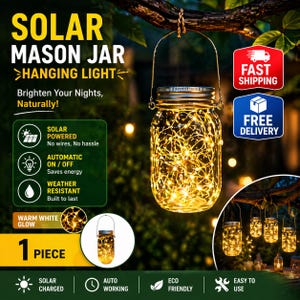 May include: A solar-powered mason jar hanging light with warm white LED lights. The jar has a metal handle and is suspended from a tree branch. The image includes text that says "Solar Mason Jar Hanging Light" and "Brighten Your Nights, Naturally!"