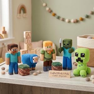 May include: A collection of handcrafted crochet figures, including characters and a sheep, arranged on a light-colored surface. The figures are in various colors, with a green creeper and a zombie holding a weapon. A wooden sign reads "Crafted Blocks & Mobs - Crochet Amigurumi."