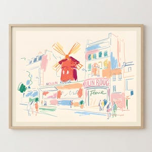 以下が含まれることがあります： パリのムーラン・ルージュを描いたカラフルなスケッチの額入りアートプリント。緩やかな線とパステルカラーのタッチで、象徴的な赤い風車、建物のファサード、そして「Moulin Rouge」と「Féerie」という文字が描かれています。