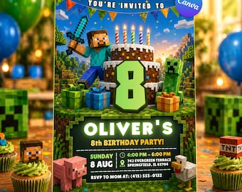 Invito di compleanno a blocchi pixel, invito per festa a tema avventura, modello Canva per bambini (download digitale)