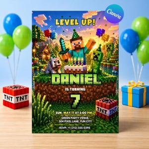 May include: A Minecraft-themed birthday party invitation featuring the text "LEVEL UP!" and the name "DANIEL" with the number "7". The invitation includes a Minecraft character, a wolf, and a creeper. Balloons and TNT blocks are also present.
