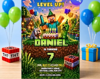 Faire-part d'anniversaire modifiable Pixel Gamer, toile d'invitation