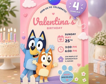 May include: A pink and purple birthday invitation featuring the characters Bluey and Bingo. The invitation includes the text "Valentina's Birthday", date, time, and RSVP information. A cake with candles and balloons are in the background.