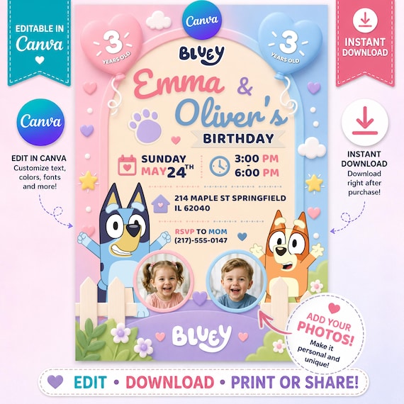 Bluey Birthday Invitation with Photos, Editable Canva Invite