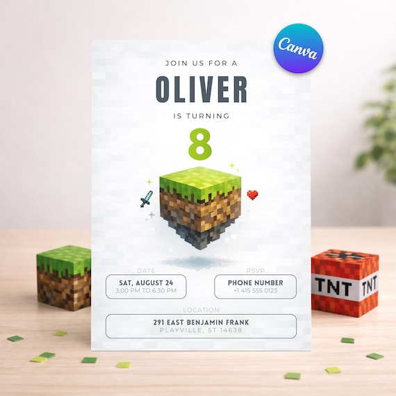 Editable Pixel Gamer Birthday Invitation, Canva Invite, Digital Block Birthday Template