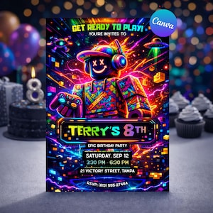 May include: A vibrant birthday party invitation with a neon-style design. The invitation features a pixelated character with headphones and a controller, with the text "TERRY'S 8TH". Additional text includes party details and RSVP information.
