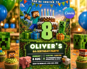 Pixel Block Birthday Invitation, Adventure Party Invite, Kids Canva Template (Digital Download)