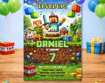 Minecraft Geburtstagseinladung, Canva bearbeitbare Vorlage, digitaler Download