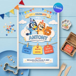 Può includere: Un invito di compleanno a tema Bluey, con il nome "Antony" e il numero "5". L'invito include i dettagli dell'evento ed è ambientato su uno sfondo azzurro. Il testo "Let's Celebrate!" è ben visibile.